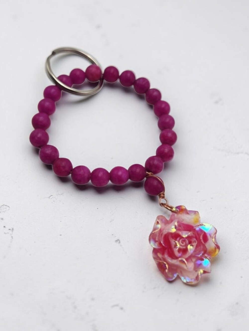 Handmade Pink Beaded Keychain with Rose Charm